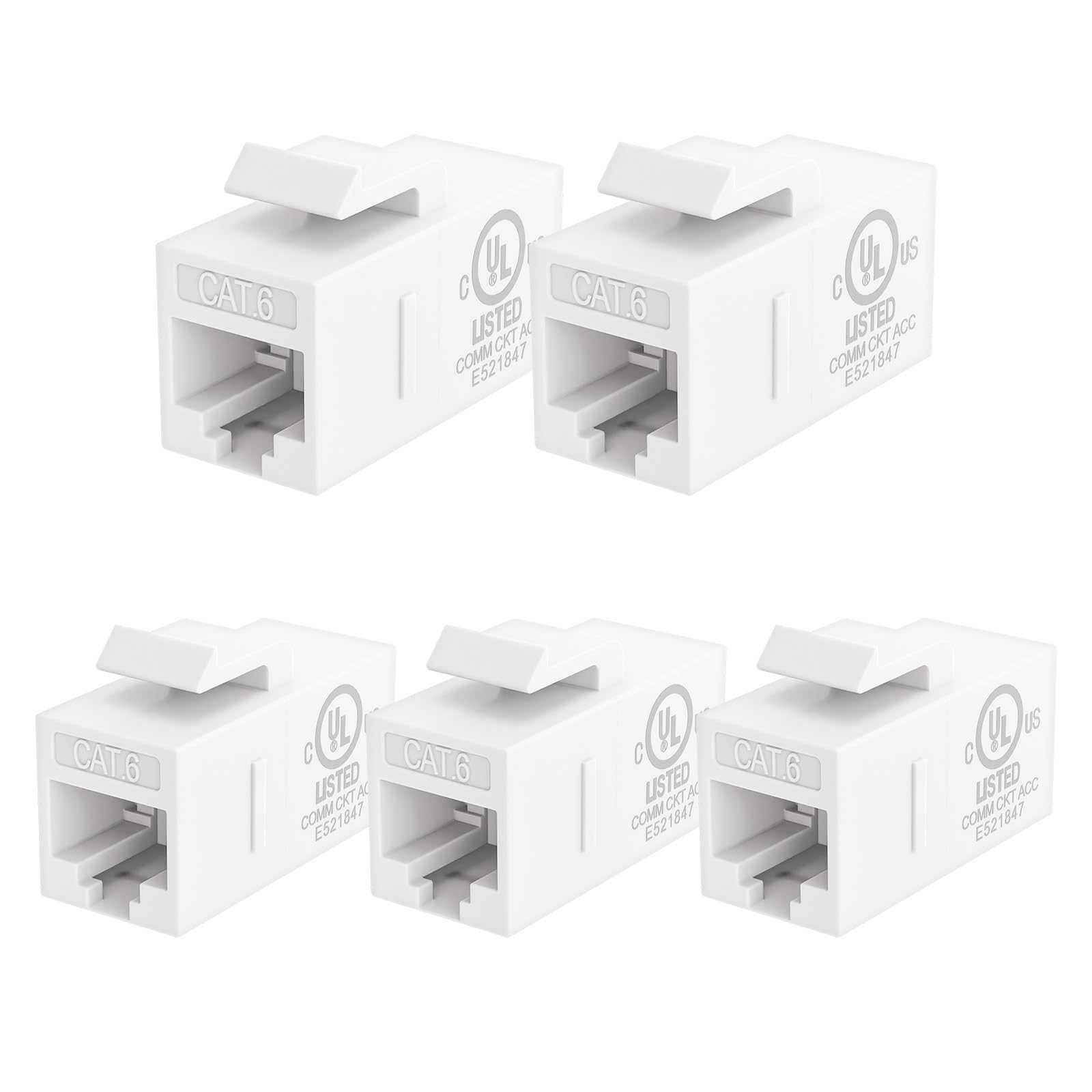 UL Listed CAT6 RJ45 Keystone Jack Inline Coupler 5-Pack, Female to Female Ethernet Cable Extender - White