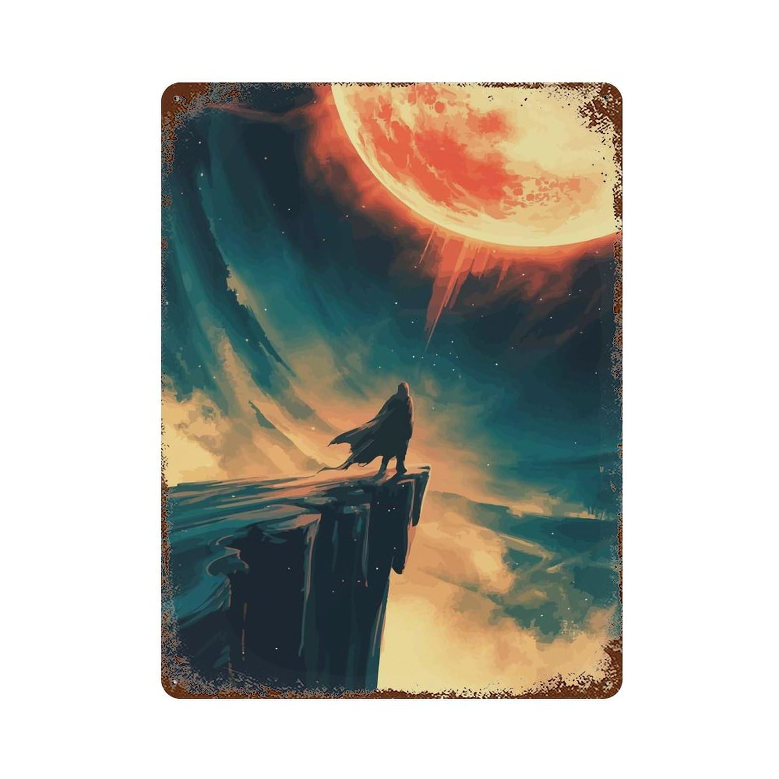 Lone Figure Under A Fiery Sky Rust Effect Tin Sign 15.7"x11.8", Novelty Wall Decor for Garage, Pub Or Kitchen