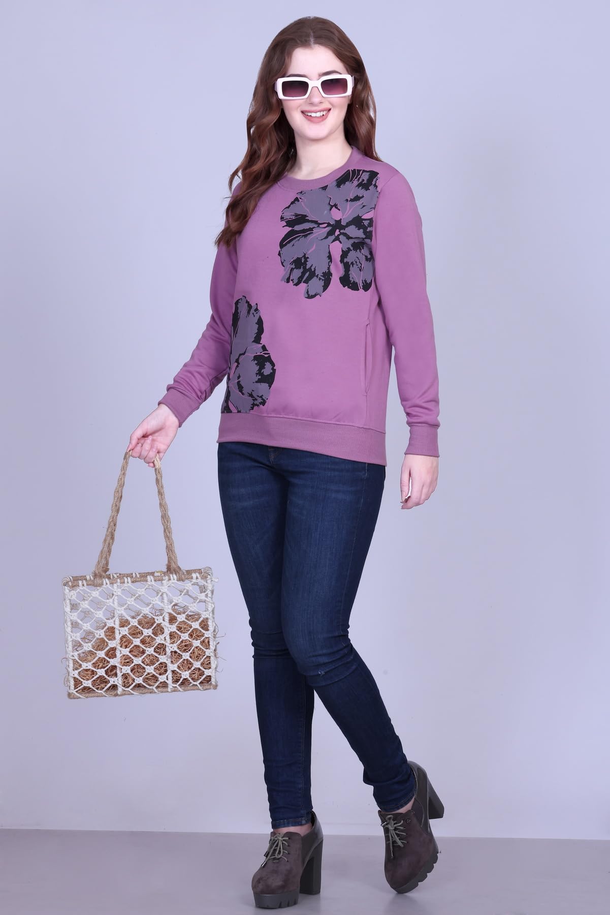 DG Divine Girl Women’s Printed Round Neck Sweatshirt | Winter Wear Fleece Cotton Fabric | Full Sleeves Casual Pullover for Girls & Women (in, Alpha, L, Regular, Standard, 2 Flower Onion) - Image 3 thumbnail