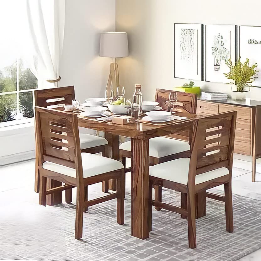 Image of PC Wood Sheesham Wood 4 Seater Dining Table Set for Living Room Dining Table with 4 Chairs Furniture for Home (Natural Finish)