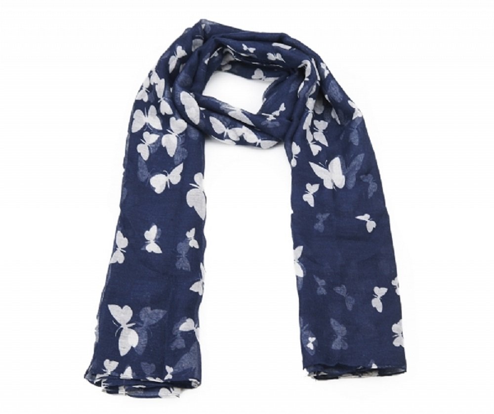 Ladies Lightweight Navy Blue and White Butterfly Print Scarf