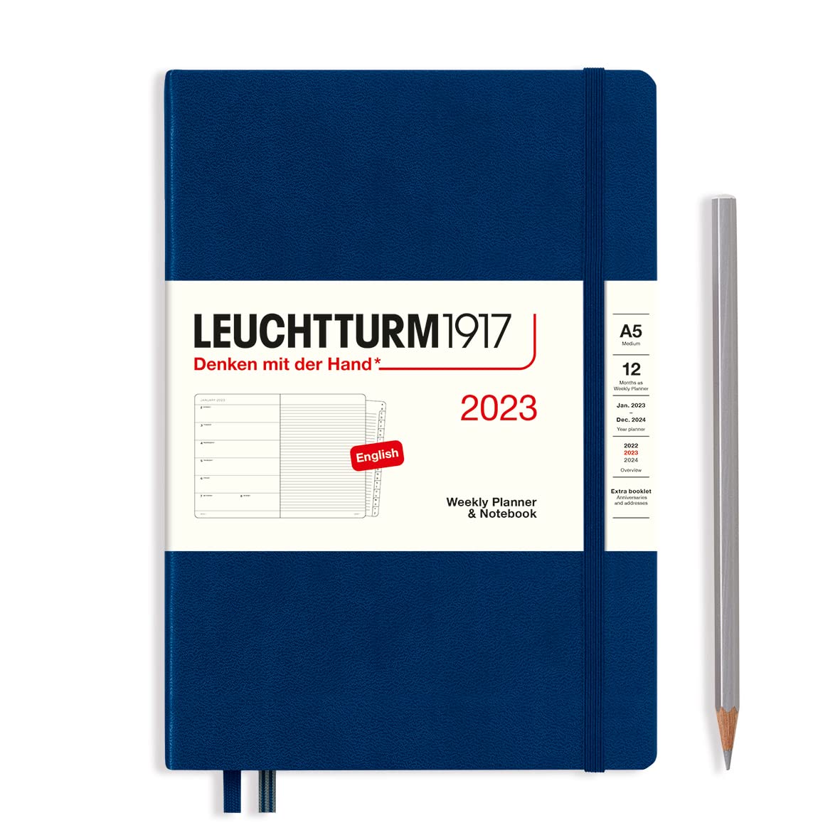 LEUCHTTURM1917 365888 Weekly Calendar & Notebook Medium (A5) 2023, 12 Months, Navy, English
