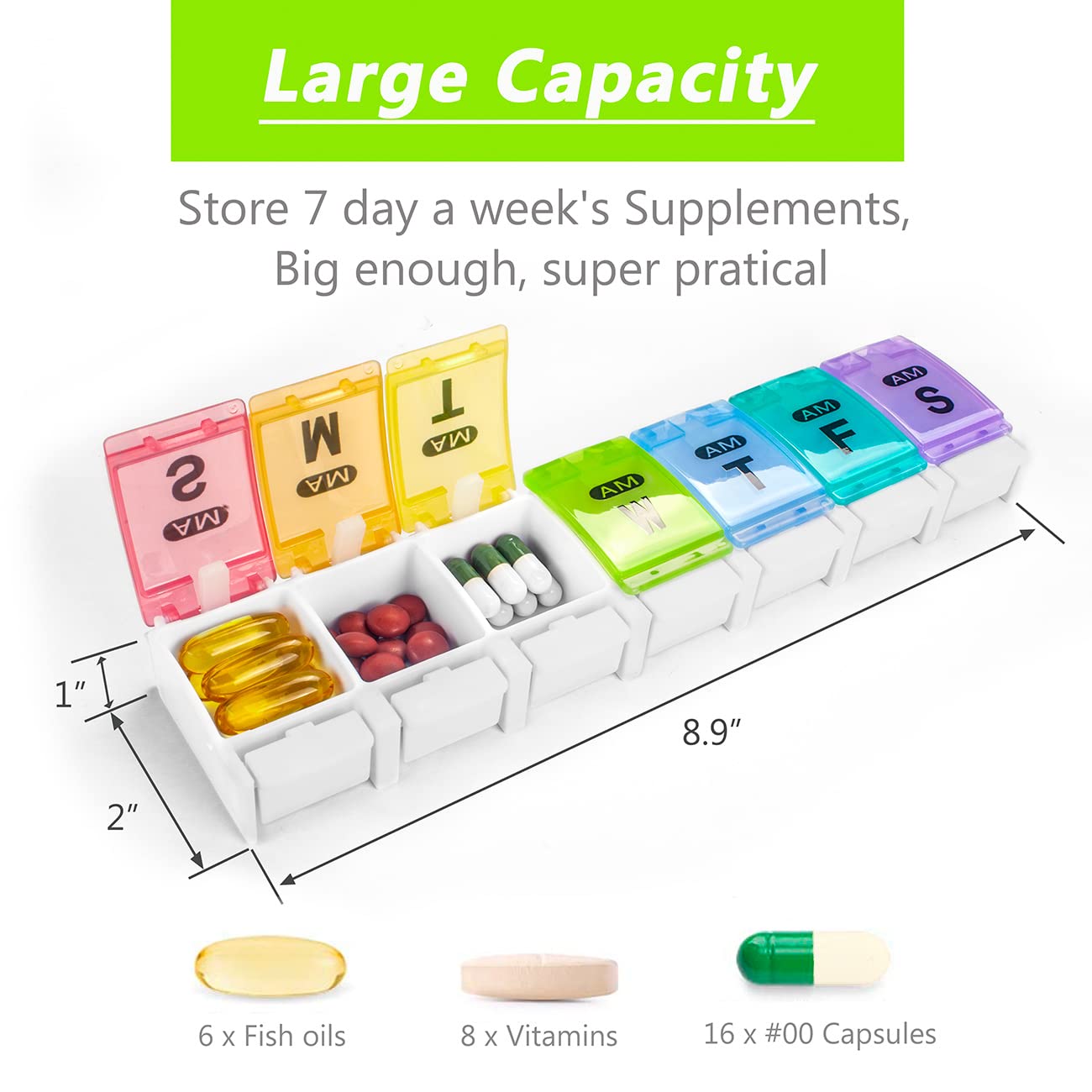 Organizador de píldoras para 7 días (dos veces al día) – Remtise AmPm Daily Pastillero Organizador de medicamentos, caja de píldoras semanal con botón para píldoras, vitaminas, aceite de pescado,