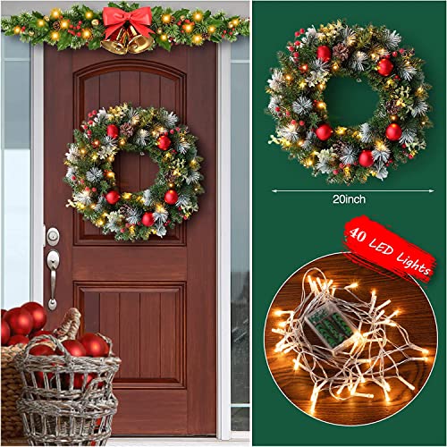 45CM Weihnachtskranz Adventskranz Hängend Weihnachtsdeko Tür Kranz Mit LED und Haken, Weihnachtlicher Türschmuck für Home Office Weihnachten Dekor (Rot)