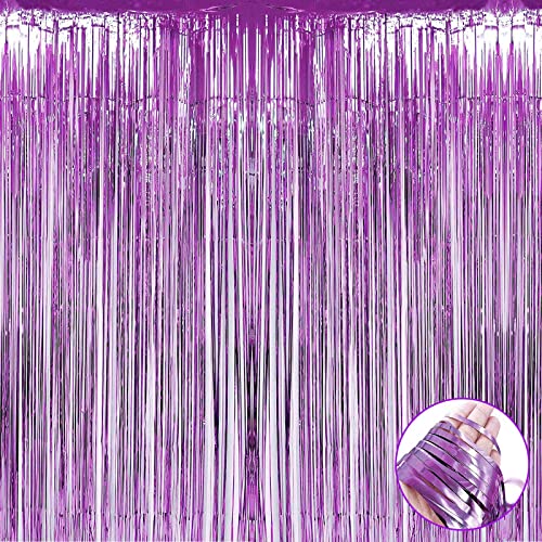 Cortinas de flecos morado claro con acabado metalizado brillante y tira autoadhesiva integrada