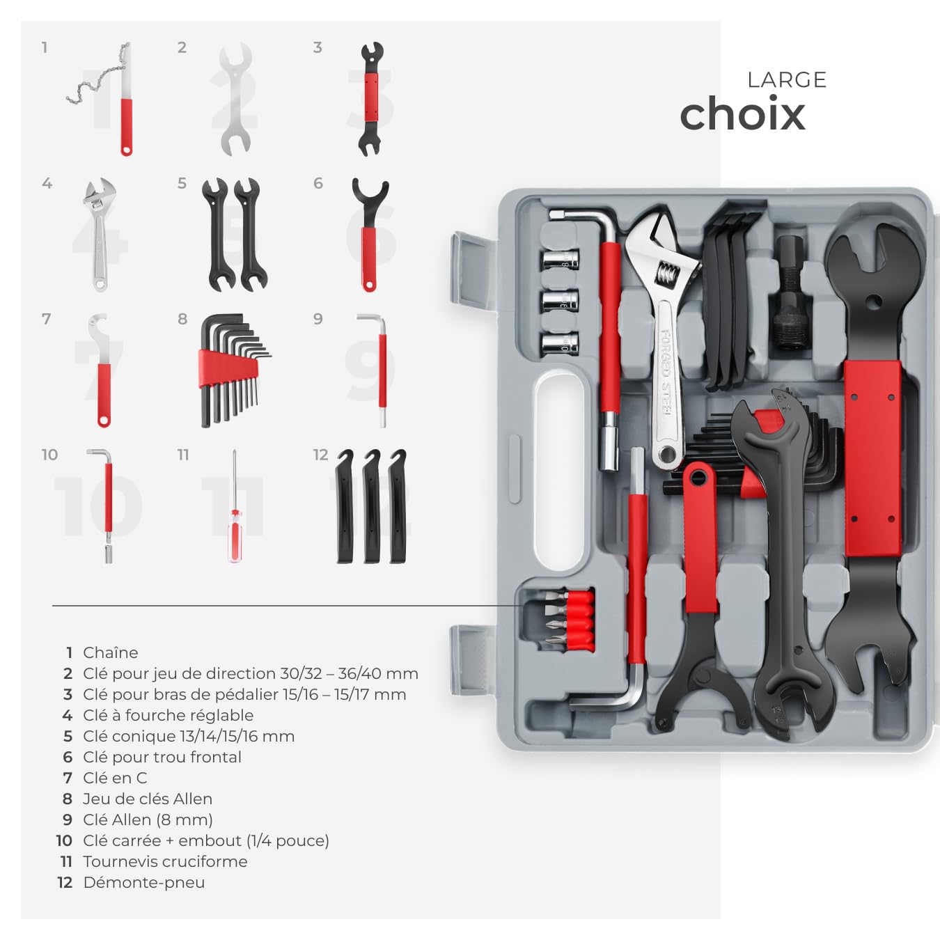 tectake® Kit reparation velo Boite à outils, 50 pcs, Coffret outils complet Accessoires Velo Vtt Vélo de course, Kit réparation pneu Derive chaine Outil pedalier Demonte pneu Accessoires vélo