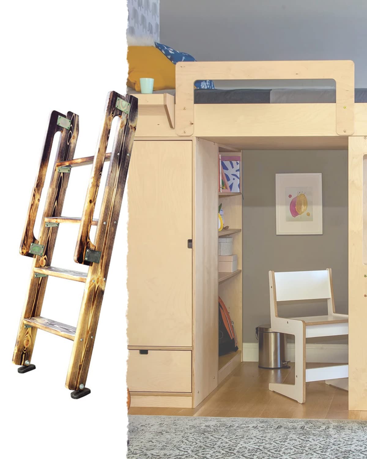 Escalera de madera rústica para litera con apoyabrazos y pies de goma