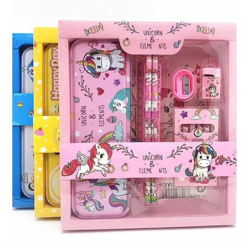 Image of Unicorn Stationary Kit with 1 Pencil Box Case 2 Pencils 6 Crayon Colors 2 Space Gel Pen 1 Ruler Scale Eraser Sharpener Kit for Kids (Character As Per Available)