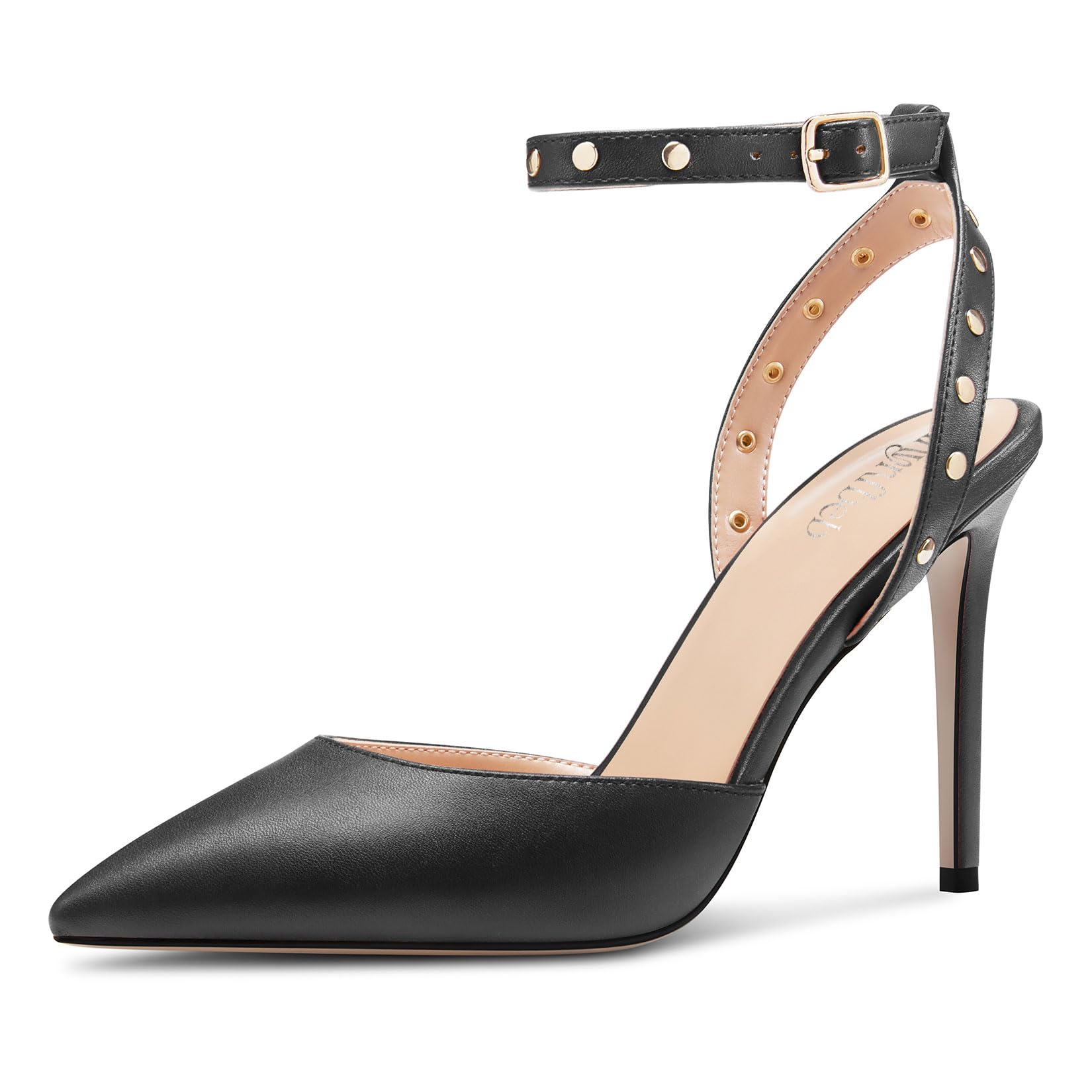 Womens Stiletto High Heel Pointed Toe Pumps Ankle Strap Slingback Buckle Studded Rivets Party Basic Classic Summer 3.9 Inches Heels