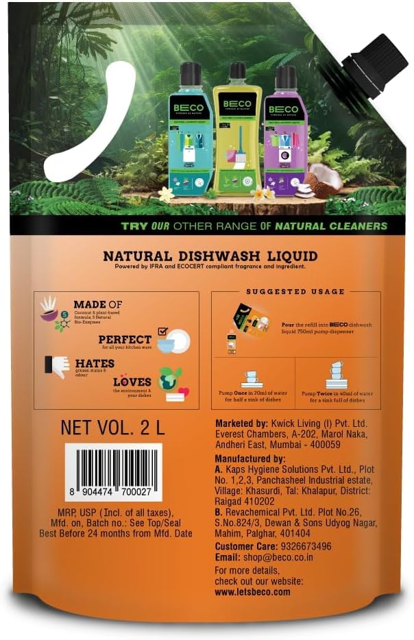 Beco Natural Dishwasher Liquid Refill | 2L Pack | Anti-Bacterial Formula | Orange Citrus Freshness | Ecofriendly Dish Washing Liquid Gel | Tough Grease Removal | Leaves No Residue on Utensils