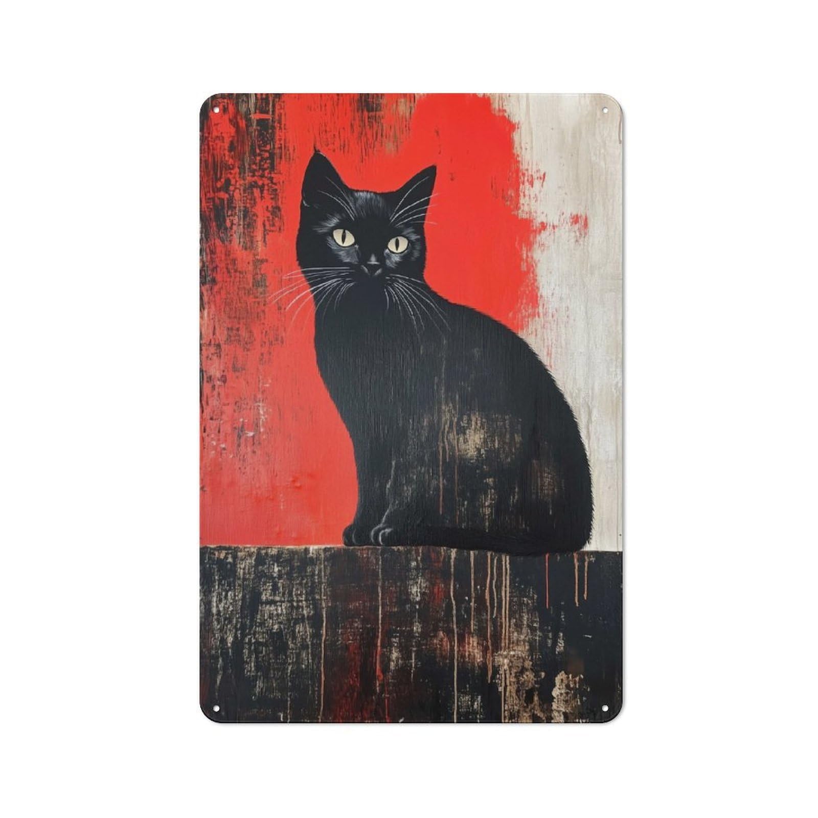 Junmoney Style-15 Black Cat On Red Background Metal Wall Plaque 30X20cm, Character Room Wall Plaque For Hallway, Home Bar, Garage Or Study