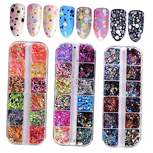 NULYLU 12 Round Nail Glitter Sequins Thin and Adhesive for DIY Nail Art Decor