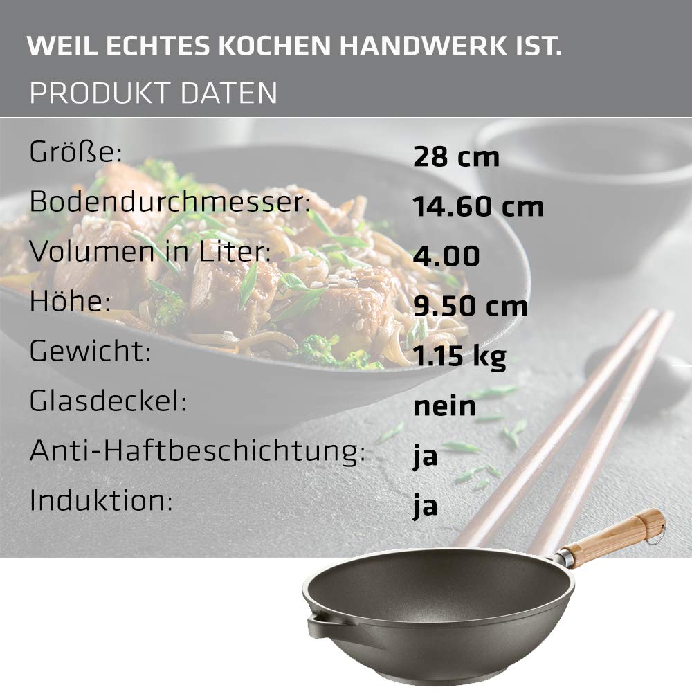 Berndes Veggi Bonanza - Wok de inducción de 28 cm, con 3 capas de sellado antiadherente y mango de madera, apto para todo tipo de fuegos, aluminio fundido robusto, revestimiento antiadherente