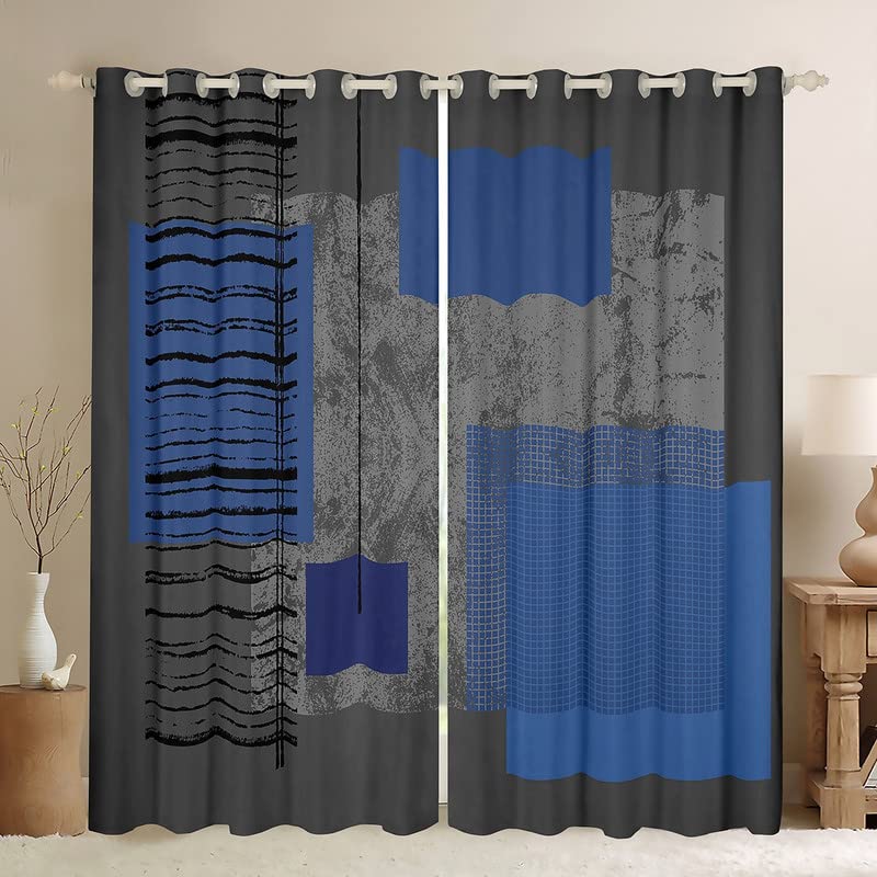Cortinas azules y grises para dormitorio, sala de estar, cortinas opacas cuadradas geométricas rectangulares (30% 50%) cortinas de ventana de arte abstracto moderno, tratamientos de ventana geométric