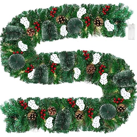 Christmas Garland With Lights, Pre Lit Garland 6 Ft for Christmas Decorations Indoor, Garland for Stairs with 9* Snowflake LED, Fireplace Garland Xmas for Home Decor, Banister, Door- Battery Needed Cover