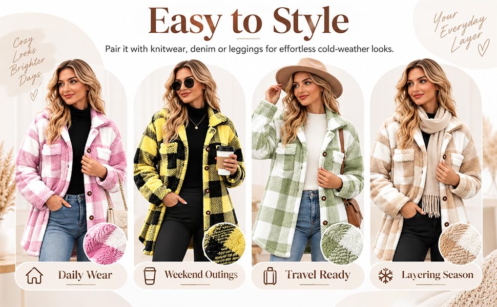 Womens Plaid Fleece Jacket Oversized Button Down Shacket Fall Winter Coats - image 7