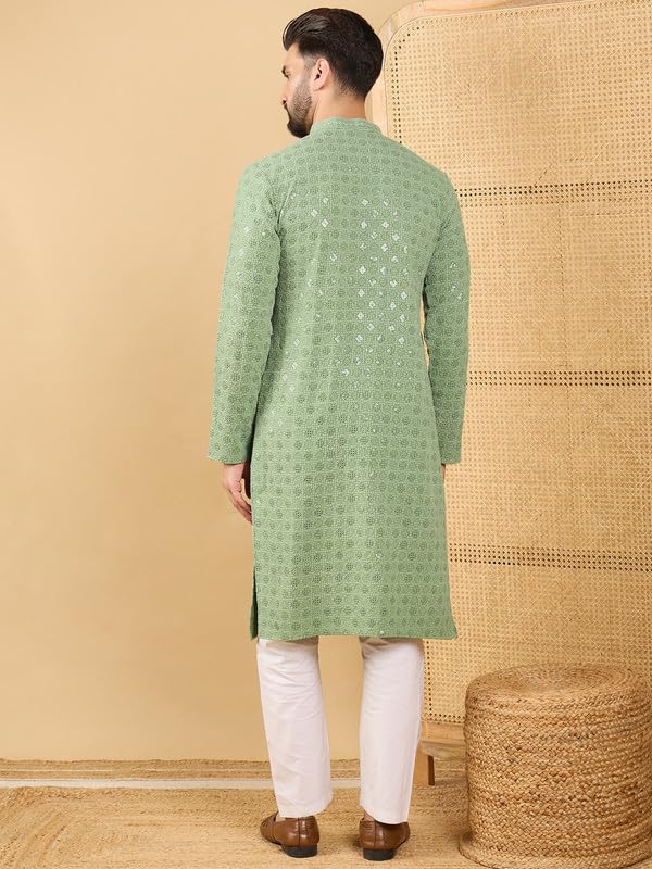 Image of Men's Solid Embroidered Long Straight Kurta | Men's Kurta | Embroidered Chikankari Kurta for Men | Straight Fit Kurta for Men