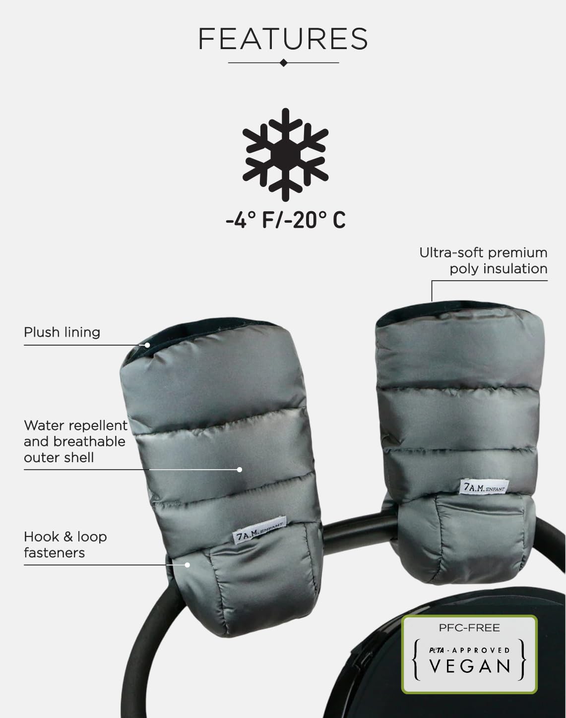 7AM Enfant Stroller Warmmuffs Gloves - Anti-Freeze Stroller Mittens for Handlebars, Water Repellent Hand Warmer Muff for Cold Weather, Plush Lined Stroller Warmmuffs | Winter Stroller Accessories
