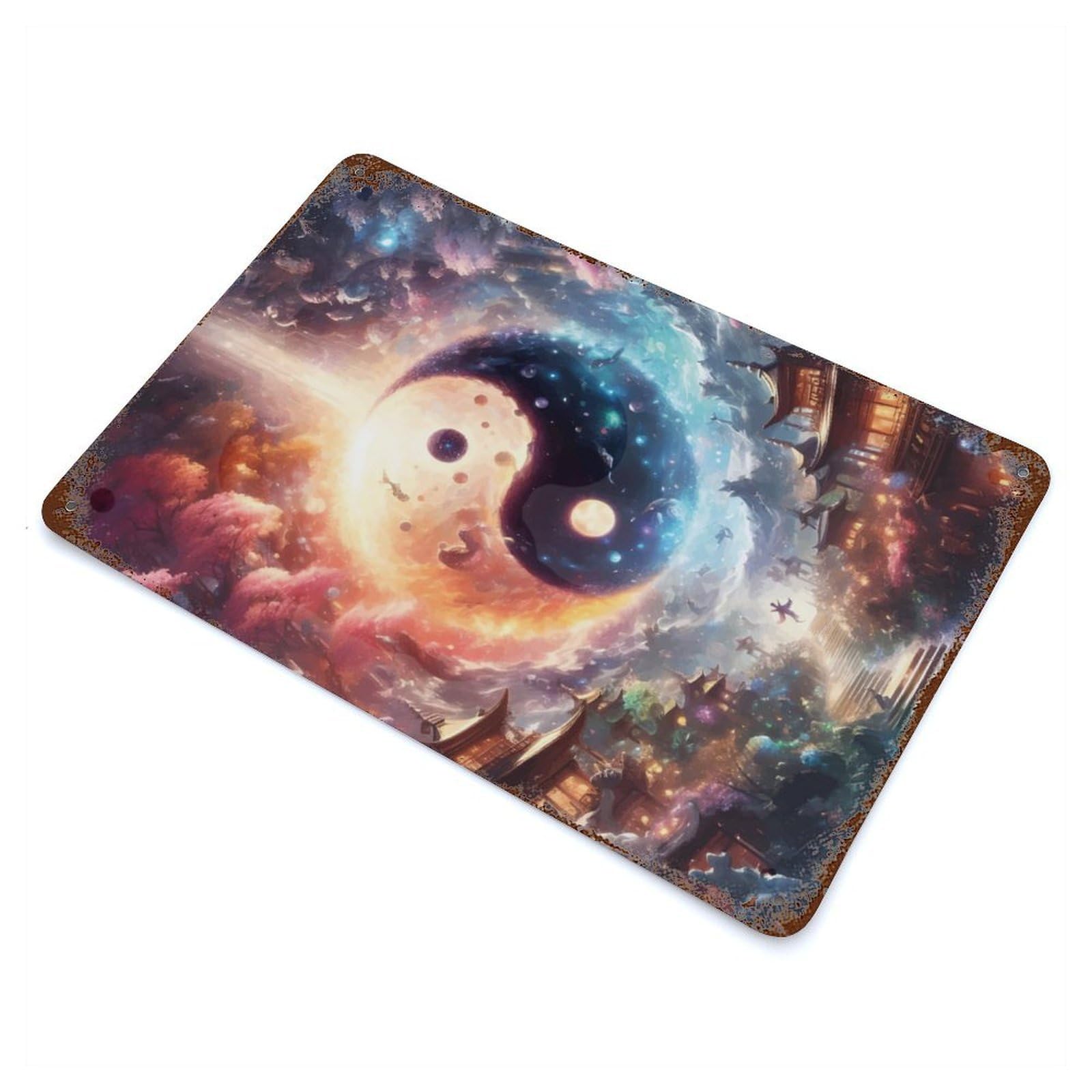 Torii Gate Yin And Yang 11.8"x7.9" Rustic Tin Plaque, Farmhouse Wall Decor for Basement, Hobby Room And Garage Decor