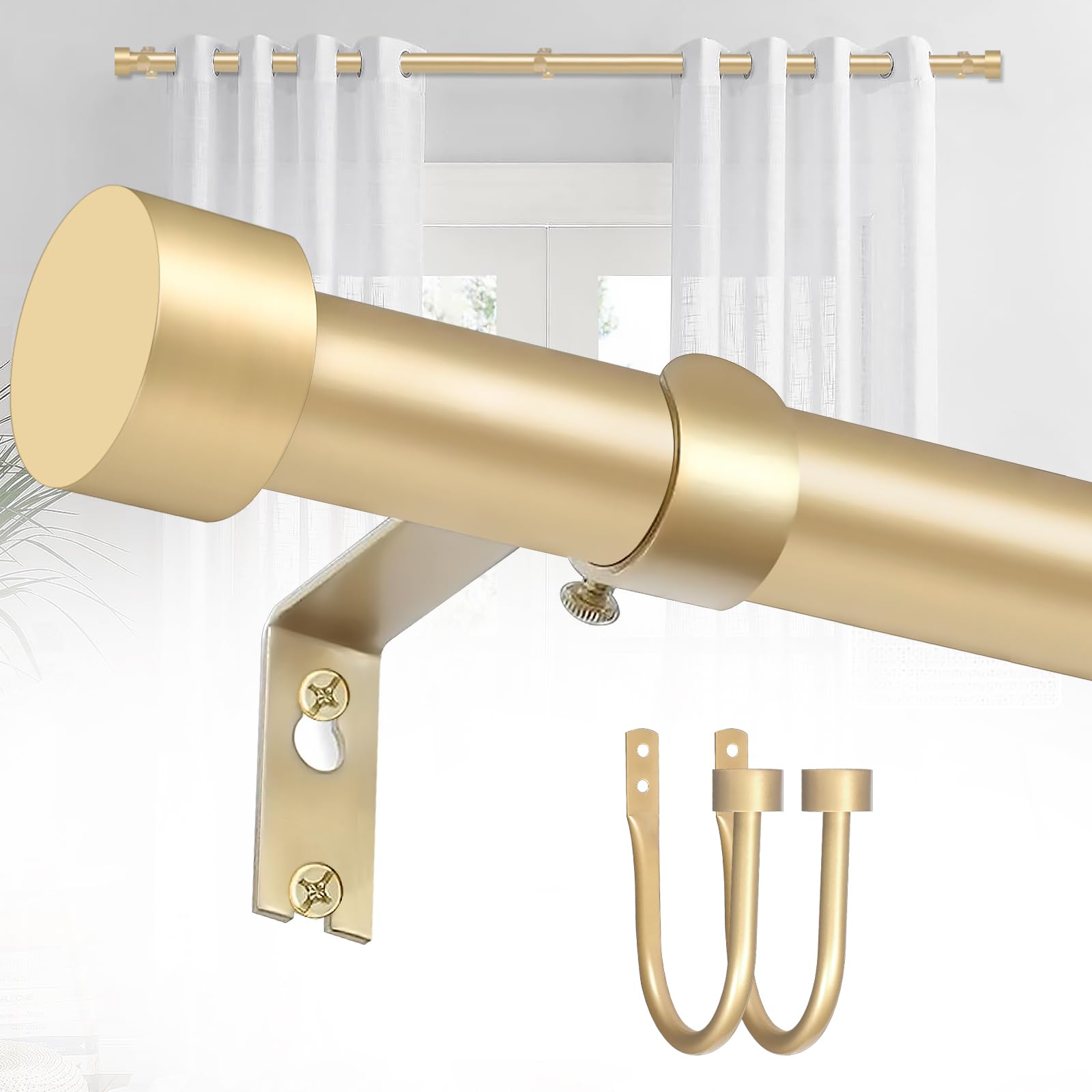 HIKAN Gold Curtain Rods for Windows 48 to 84 inch(4-7ft) with 2PCS Curtain Holdbacks,1 Inch Adjustable Curtain Rod,Cylindrical Finials Drapery Heavy Duty Rods,Single Window Curtain Rod 36-88"