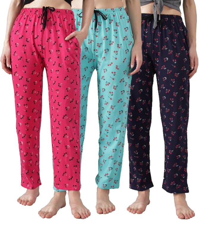 Image of Women's Cotton Pyjama, Drawstring Waist with Pockets, Soft Comfortable Sleepwear - (Pack of 3)