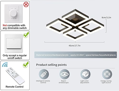 Miniatura 4 de GEADI Lámpara de techo LED, moderna lámpara de techo de 4 cuadrados, 52 W, regulable, de montaje empotrado, para sala de estar, comedor, dormitorio,