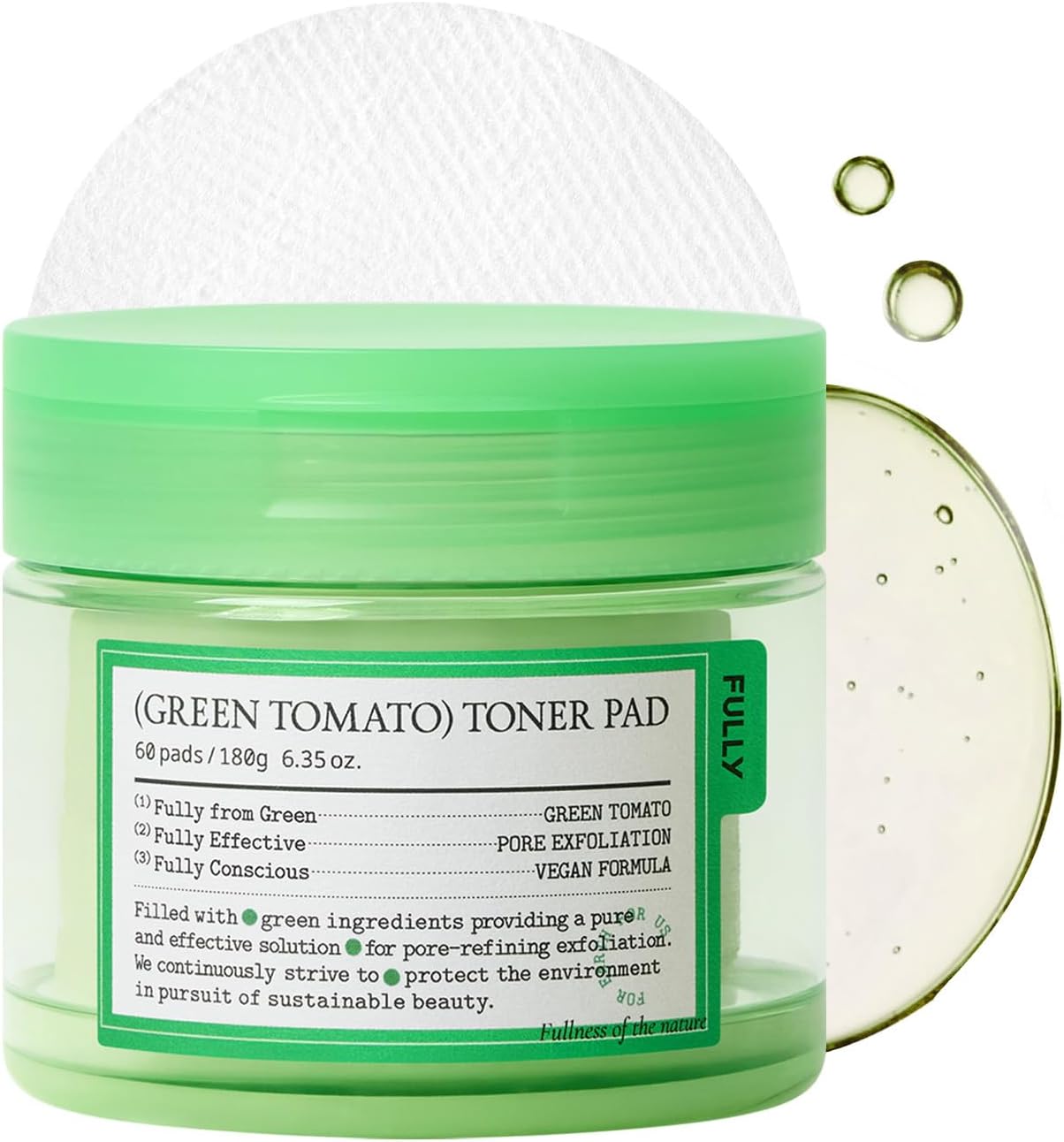 Green Tomato Toner Pad 60 Sheets, Exfoliating & Pore-Clearing Toner Pads with AHA, PHA & LHA, Sebum Control, Hydrating Vegan Korean Skin Care for Smooth Clear Skin (180g)
