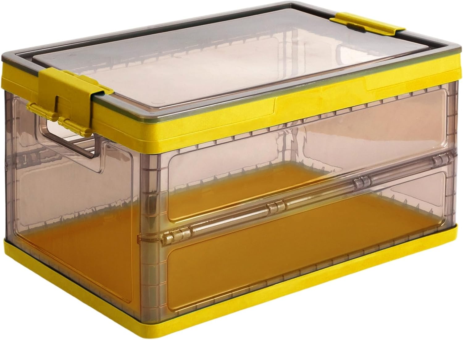 Collapsible Storage Container with Lid and Latches, Clear Stackable Plastic Tote Bin with Handles for Clothes, Sweater, Blanket (Yellow, 7 Gal) Yellow 7 Gal