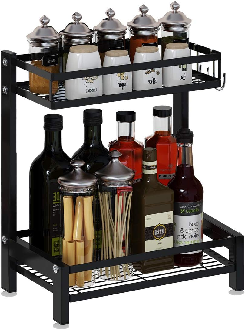 Apsan 2 Tier Spice Rack Organizer for Countertop, Bathroom Kitchen Counter Organizer Shelf for Pantry, Cabinet Corner Shelf - Seasoning Standing Shelf Holder Black