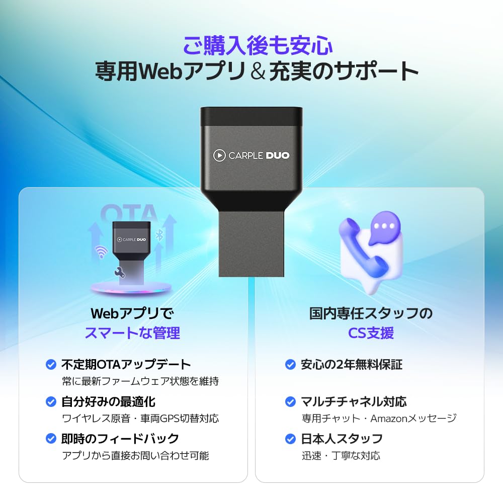 Duo Wireless Adapter – 2026 uaktualnienie z przewodowej integracji smartfona na bezprzewodową, kompatybilny z CarPlay i Android Auto, aktualizacje OTA, bezstratny dźwięk, USB-C i USB-A Plug
