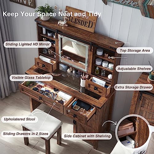 T4TREAM Farmhouse Makeup Vanity Desk with Sliding Mirror and Lights, 42'' Glass Tabletop Vanity Table with 2 Drawers & Shelves, Rustic Large Vanity Set for Bedroom, Reclaimed Barnwood