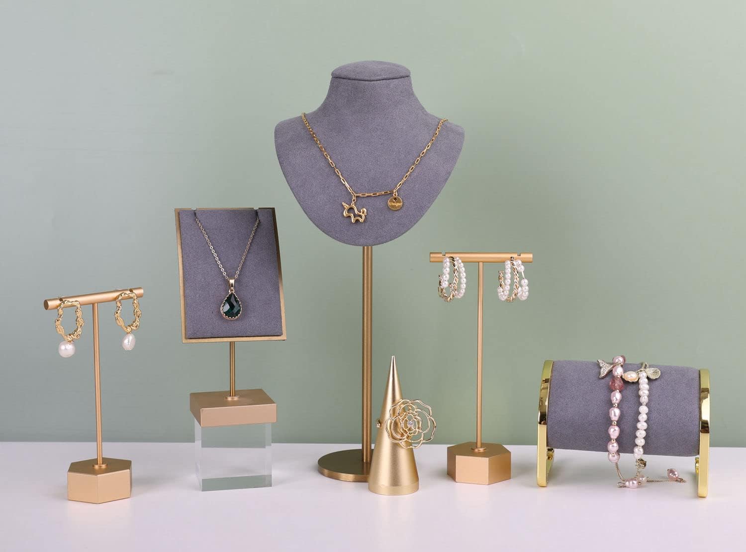 GemeShou Gold Metal 2pcs T Bar Earring Retail Display Stand for show, Tabletop Jewelry Tower Holder for Girl Women【Gold-Hexagon Base 2pcs Height 4.5" and 5.3"】