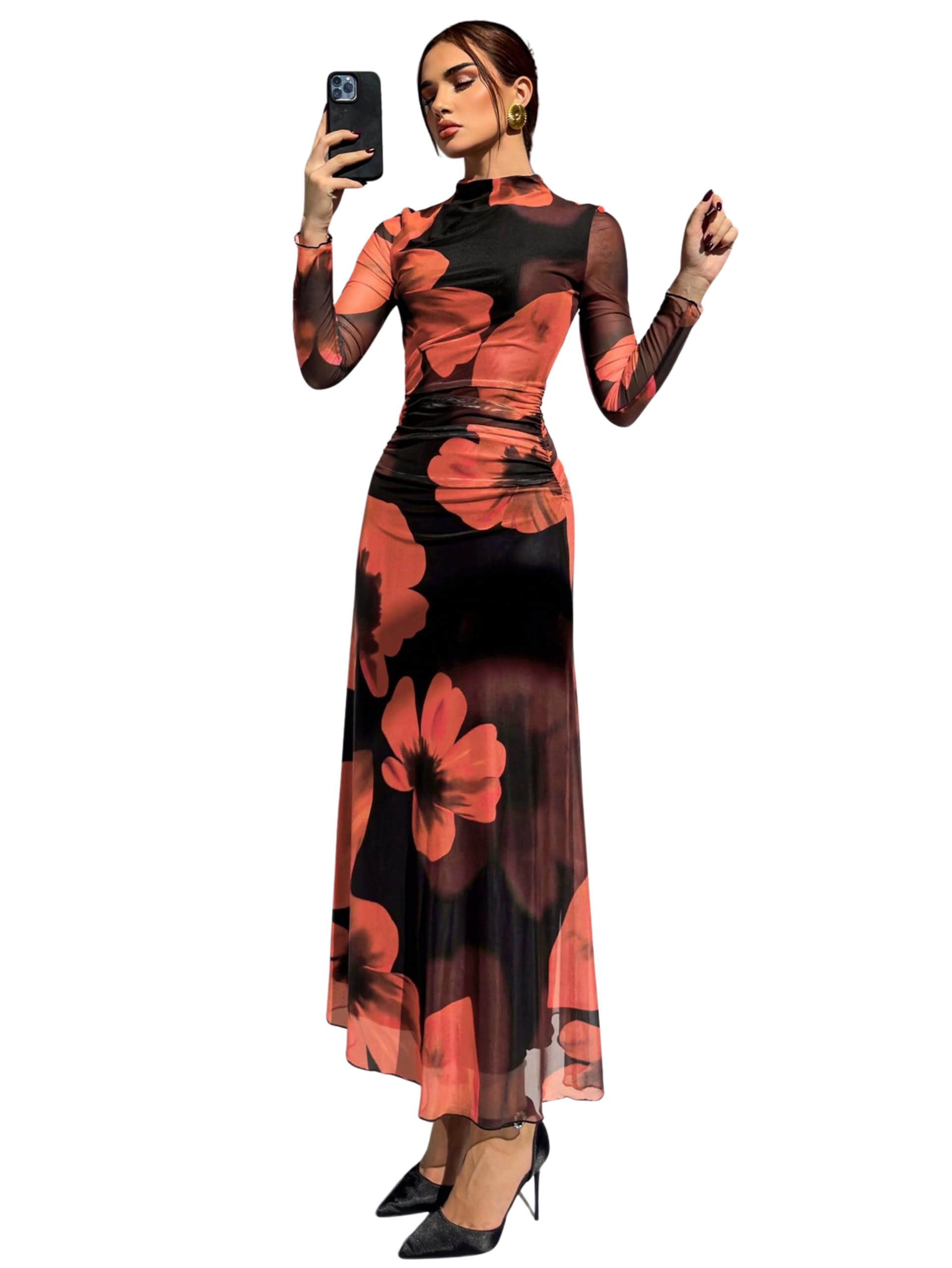 Women's Floral Mesh Maxi Dress | Long Sleeve High Neck Bodycon Elegant Party Evening Stretch Western Dress | Black & Orange-picture-41