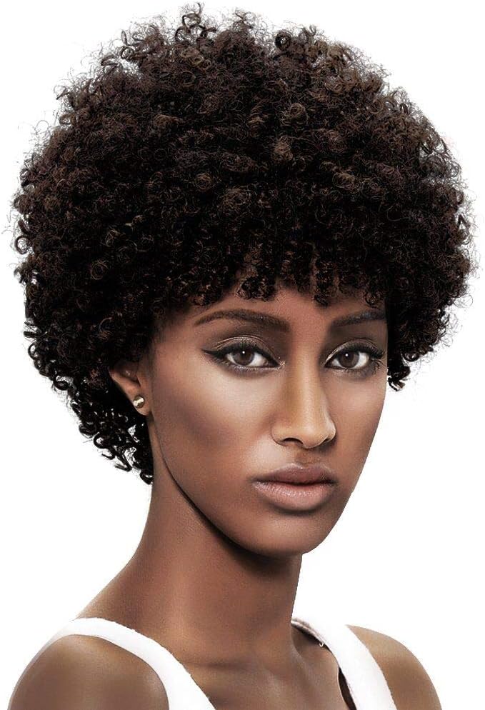 YUNSI Short Kinky Curly Wigs for Women Afro Wigs with Hair Bangs Natural Curls,Bouncy Full and Natural