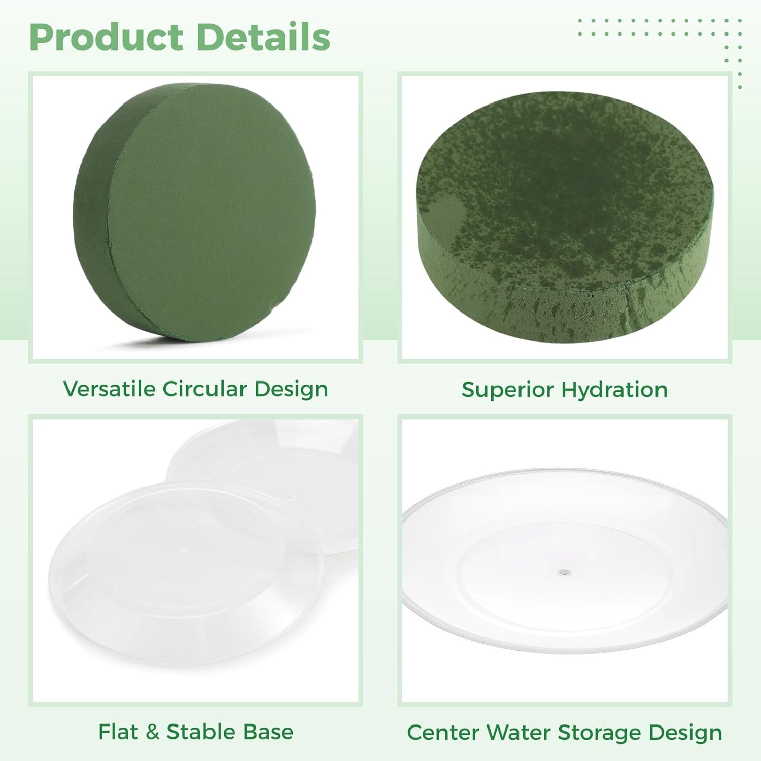 6 Sets Round Wet Floral Foam with Clear Plastic Saucer, 6.5 x 1.6 in Size Green Foam for Flower Arrangements, Centerpiece DIY, Crafts, Wedding & Party