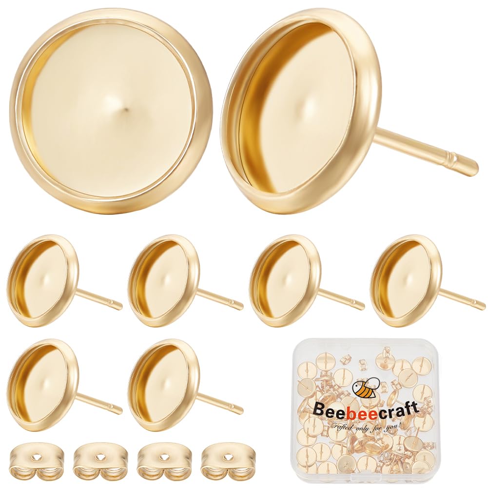 Beebeecraft 1 Box 20Pcs Cabochon Earring Settings 18K Gold Plated 304 Stainless Steel Stud Earring Blanks Bezel Base Cup Post Findings for Jewellery Making, Tray 8mm — image 1