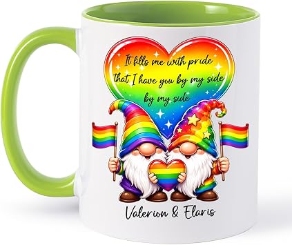 Personalized Couple Gnome Gay LGBT Accent Mug, Custom Names Couple Gnome Rainbow Pride Ceramic Cup, Gay Couples Mug Gift for Him on Dating Anniversary, Mr & Mr LGBT White Coffee Mugs 11oz 15oz