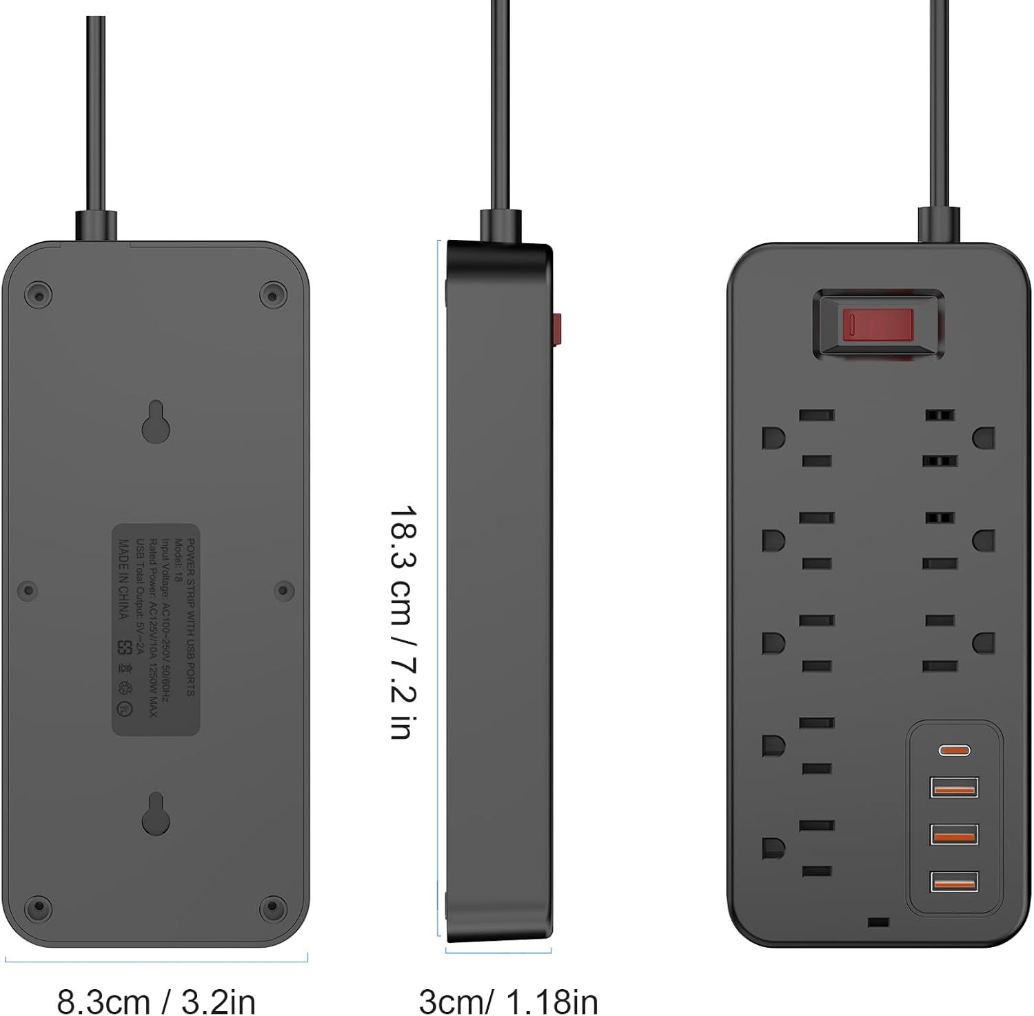 Extension Cord Surge Protector Power Strip - Flat Plug Braided Power Bar with 8 Widely Outlets and 4 USB Ports(1 USB C), Multi Plug Wall Mount Desk USB Charging Station for Home Office