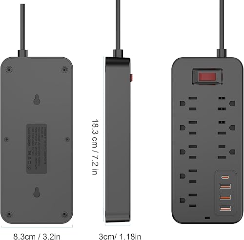 Miniatura 4 de Cable de extensión con protector de sobretensiones  Barra de alimentación trenzada de enchufe plano con 8 tomas amplias y 4 puertos USB (1 USB C),