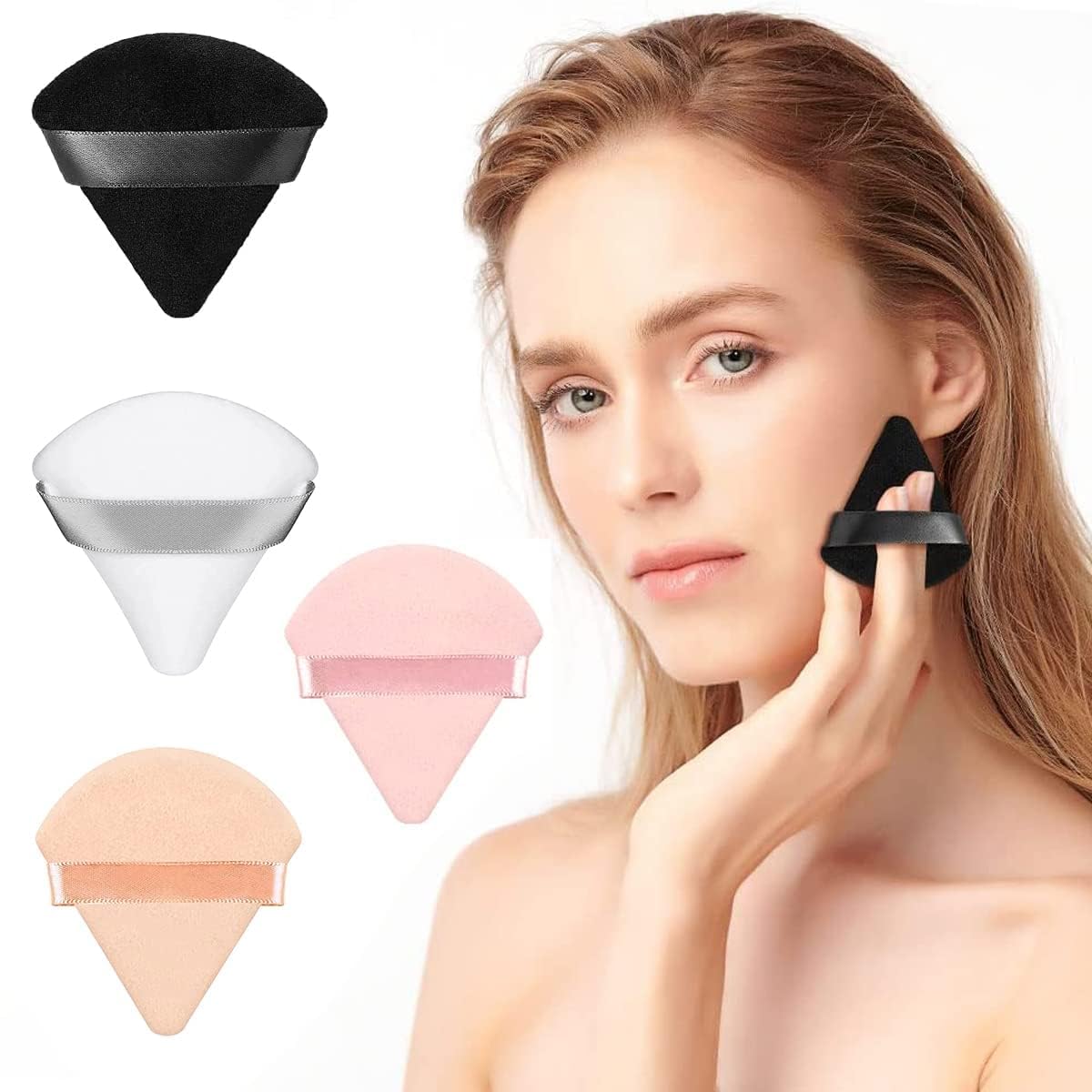 Makena 4 Pieces Triangle Powder Puffs Face Cosmetic Powder Puff Washable Reusable Soft Plush Powder Sponge Makeup Foundation Sponge for Face Body Loose Powder Wet Dry Makeup Tool