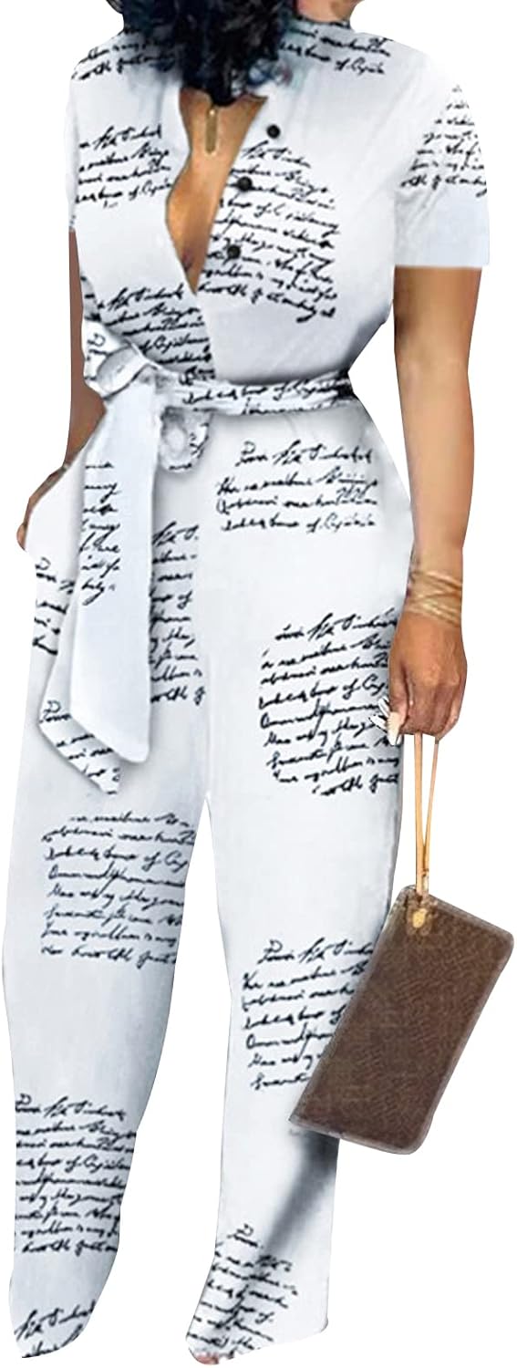 Xinlees Women‘s Elegant Jumpsuits Casual Short Sleeve Fashion Print Long Pants Rompers Straight Club Outfits - Image 2