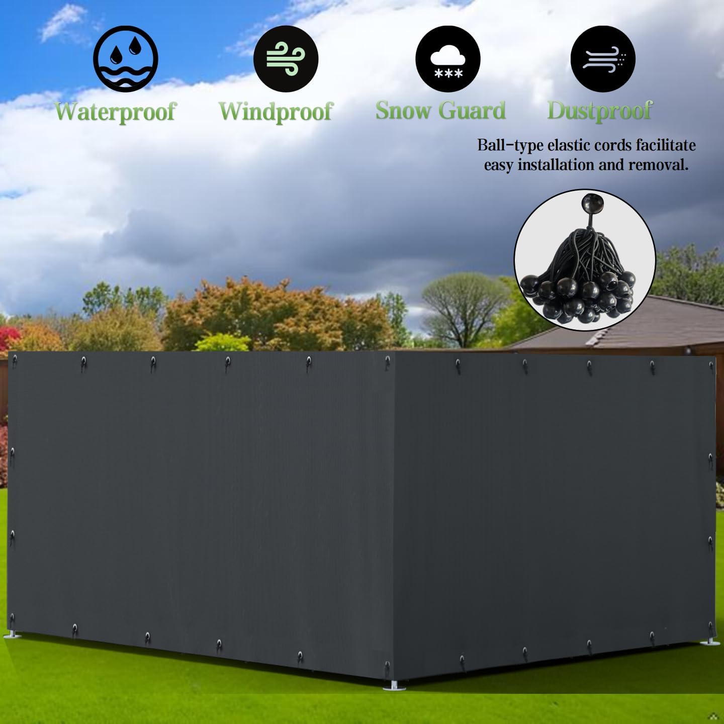 Dog Kennel Cover with 2 Side Panels Featuring Metal Grommets, Equipped with 44 Spherical Bungee Cords. 100% UV Protection Suitable for 10'x10'Outdoor Dog Kennels and Large Chicken Coops.