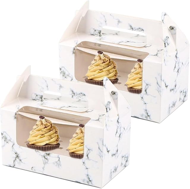 Allbusky 20PCS 2 Holes Cupcake Boxes Cupcake Carrier Cake Boxes with Inserts, Paper Bakery Boxes Treat Boxes for Christmas Baby Shower Wedding Party Favors (Grey Marble, 2 Holes, 20-Pack)