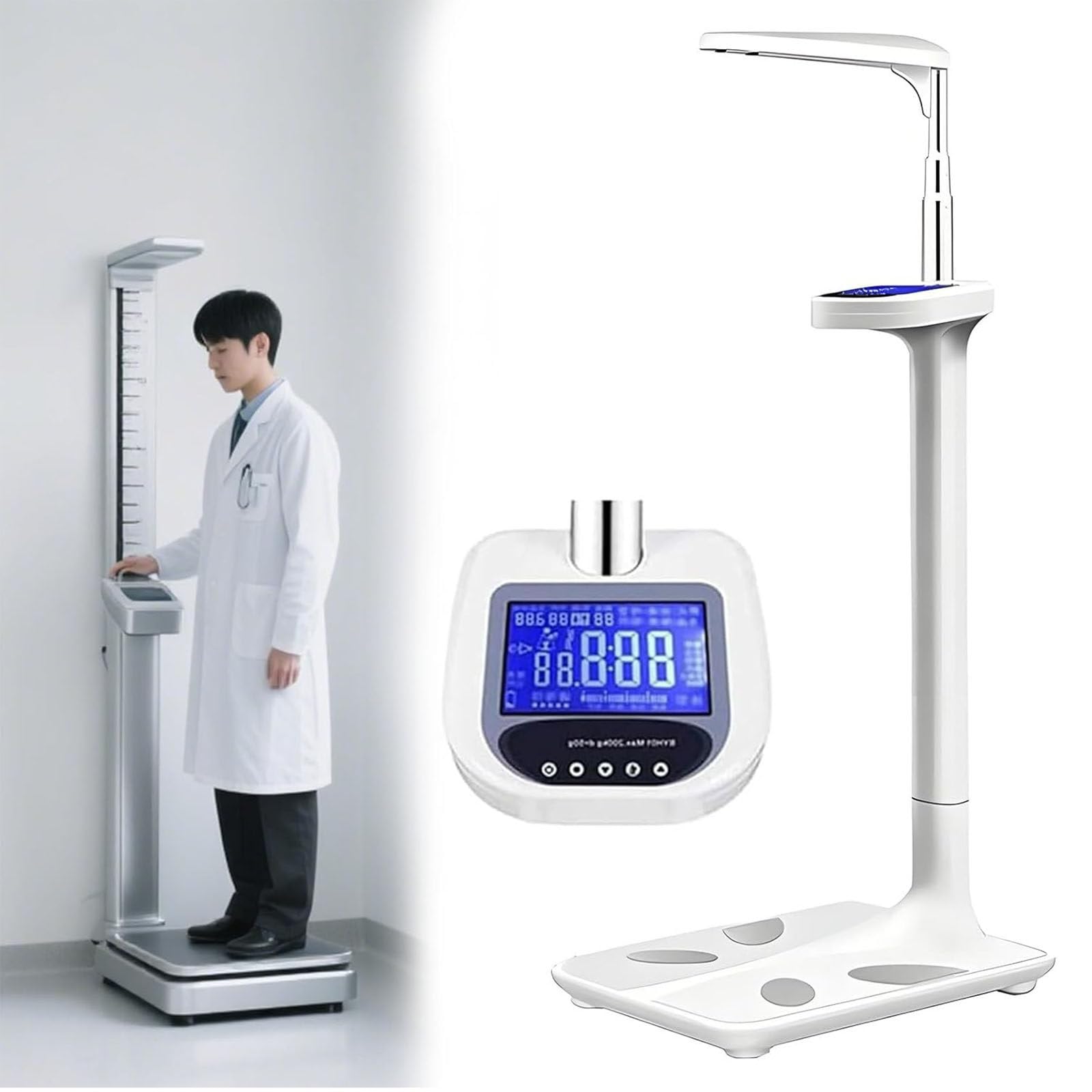 Waga wzrostu i wagi, cyfrowa waga z wyświetlaczem LCD, z teleskopowym prętem pomiarowym, do pomiaru BMI, tkanki tłuszczowej, mięśni, kalorii i innych parametrów