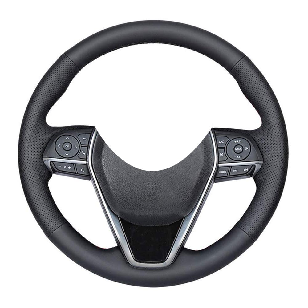 DIY Sew Black Microfiber Leather Car Steering Wheel Cover for 2018 2019 Toyota Camry / 2019 2020 Avalon / 2020 Corolla / 2019 RAV4 (Black Thread)