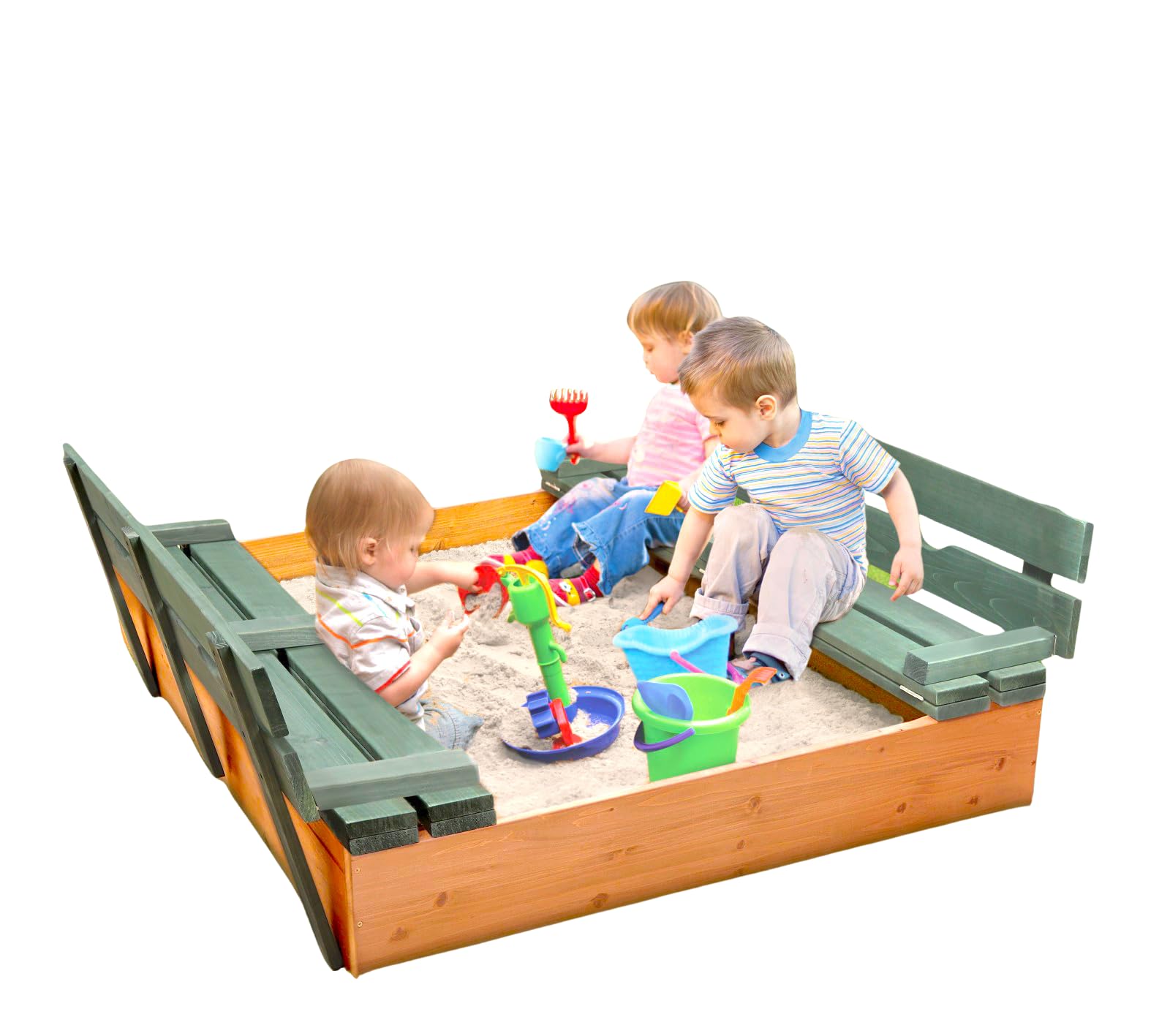 Badger Basket Sandbox in legno con coperchio e panche, grande sabbiera da esterno per bambini in cedro, copertura pieghevole, set da gioco per sedie e cortile, naturale/verde