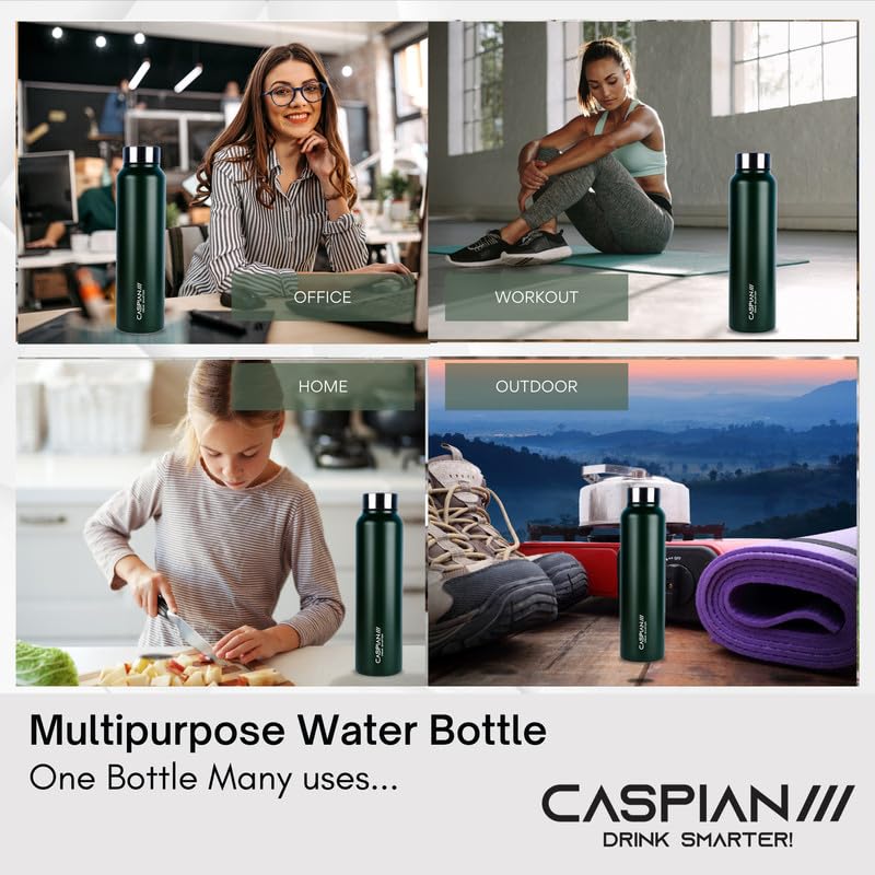 Image of CASPIAN / / / Astra Stainless Steel Water Bottle 1 ltr (Litre) for Fridge, Home, Office, School, Gym-Ideal for Adults, Men, Women, Kids, Boys, Girls-1000ml Leakproof, Rust free, Set of 3, Forest Green
