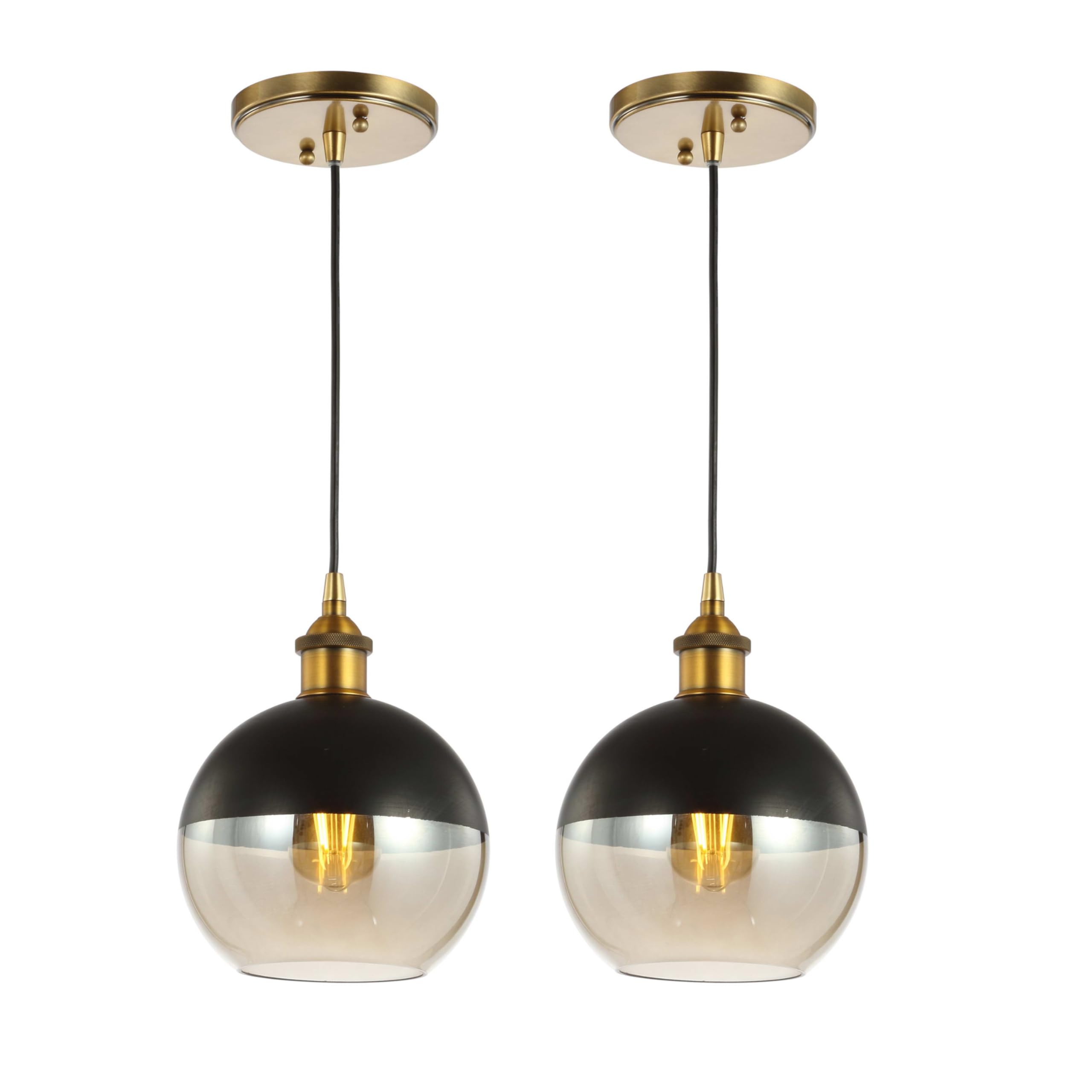 JONATHAN Y JYL3513A-SET2 Nixon 7.5" 1-Light Mid-Century Modern Metal/Glass Adjustable Drop Globe LED Pendants, for Bedroom, Living Room, Kitchen, Office, Brass Gold/Black (Set of 2)
