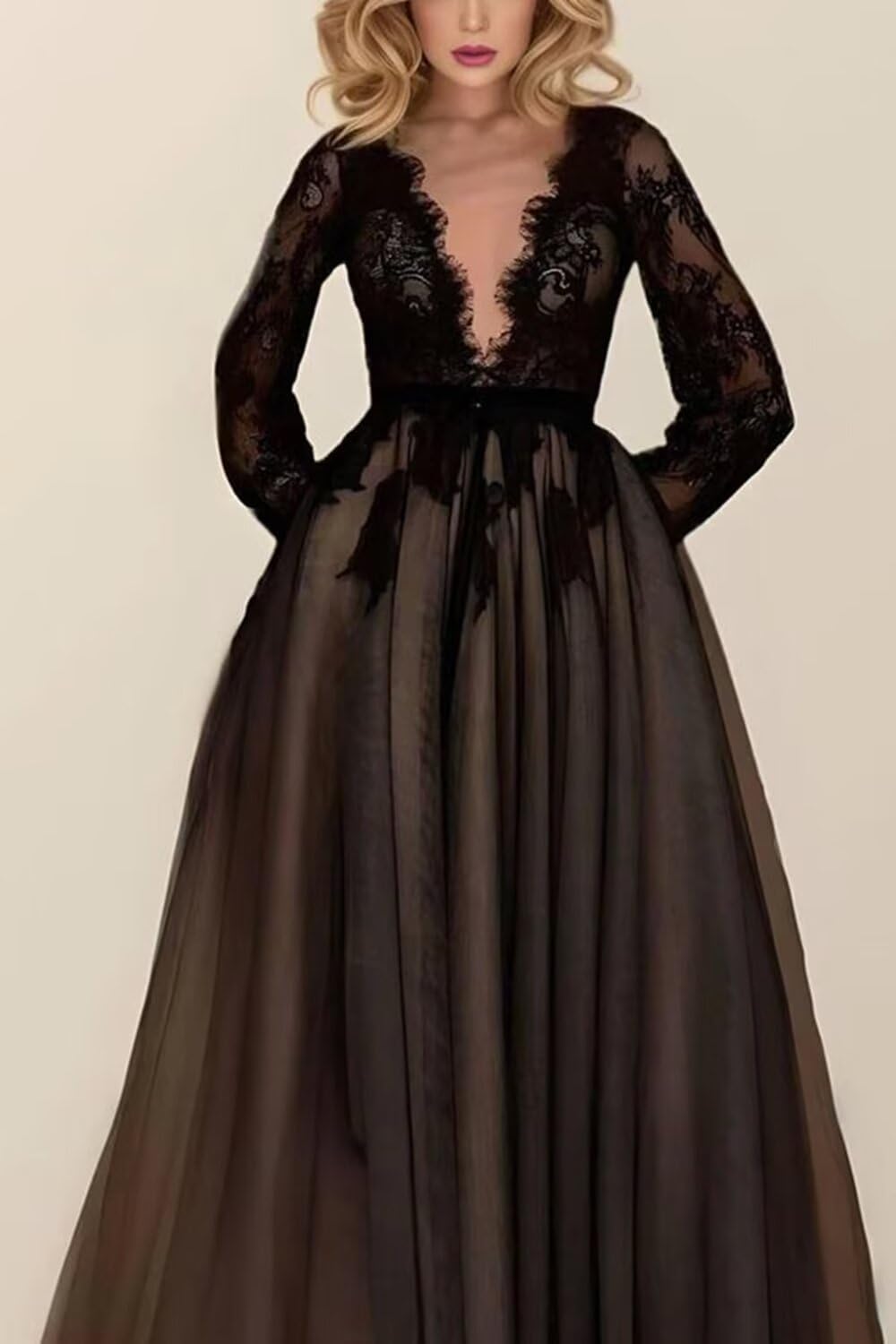 Lace Long Sleeve Prom Dress for Women Tulle V Neck A Line Floor Length Formal Dress for Evening Party