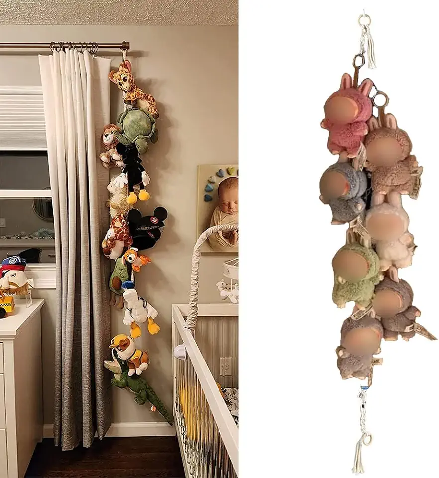 X spring Hanging Storage Chain, 80 Inch Cotton Rope with 20 Metal Clips, Holder for Stuffed Animals, Wall and Corner Toy Display Organizer for Nursery Play Room, White